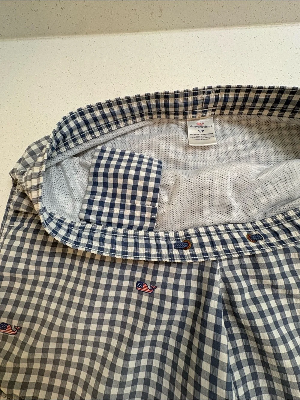 Vineyard Vines Printed Chappy Navy & White Gingham Whale Swim Trunks
